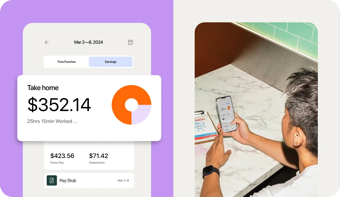 7shifts payroll software graphic beside a man looking at the 7shifts app on a phone.